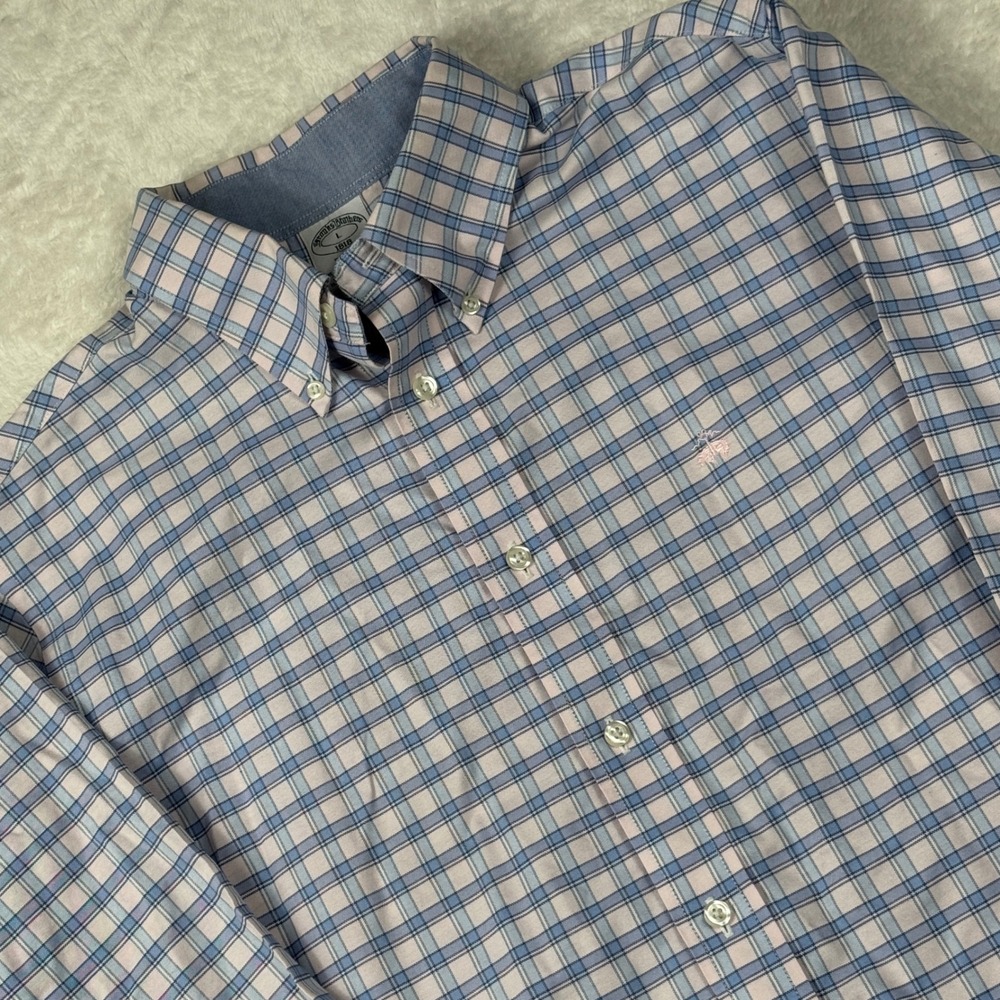 Brooks Brothers Button Down Shirt Men L Blue Plaid Preppy Regent Non-Iron Cotton